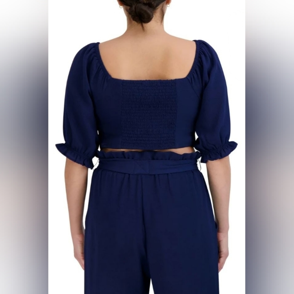 BCBG Paris Blue Gathered Back Puff Sleeve Bow Front Crop Top - Picture 12 of 12